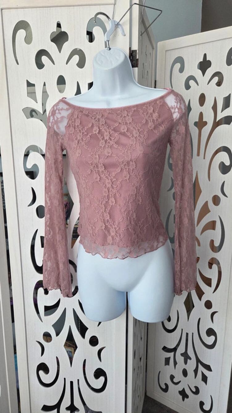 Honey & Sparkle Dusty Rose Lace Top Small Long Sleeve Sheer Layering Y2K NWT